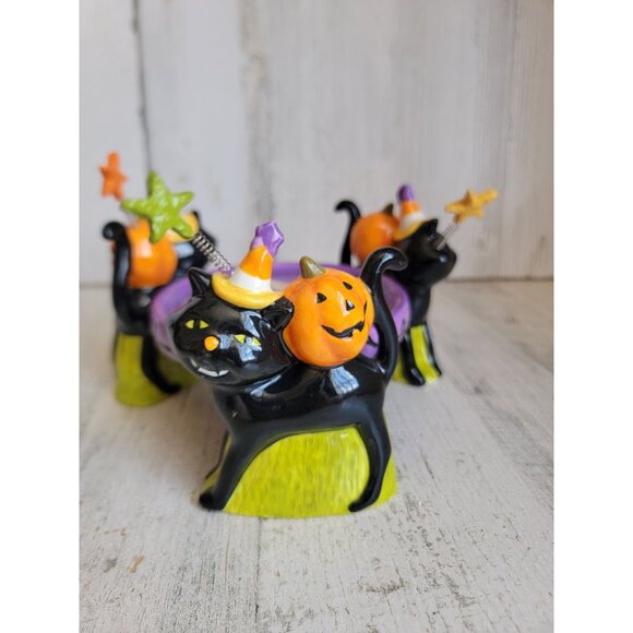 Halloween ceramics spooky cat 3 wick candle holder pumpkin home decor unique - Picture 1 of 7